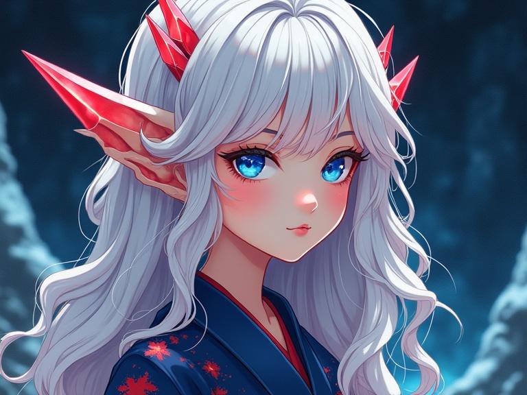 Bright surrealism art of a young female character. Close portrait with vivid blue eyes and long wavy silver hair featuring red stripes. Pale skin with patches of red crystals extending like blades. Wearing a navy kimono. Standing in a shining cave with bold colors and gradients.