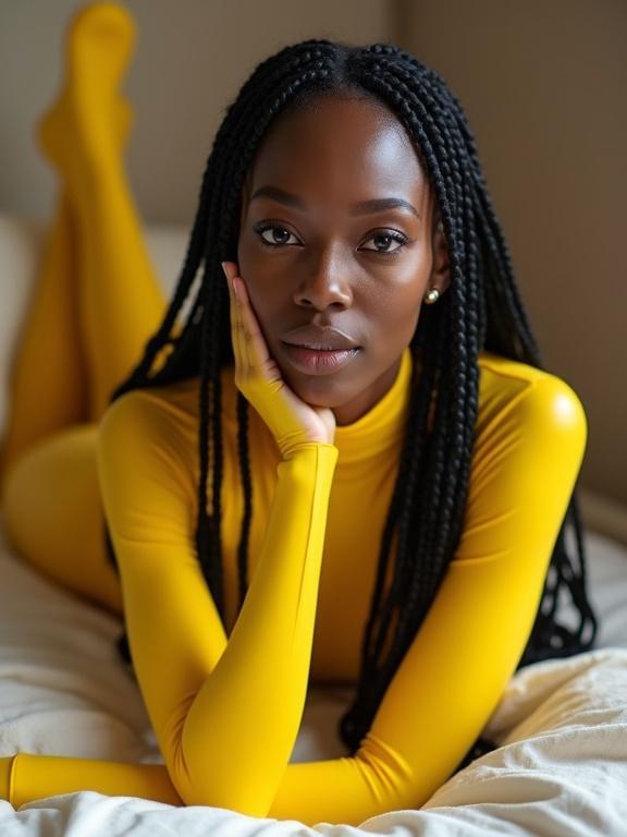 Black African woman in her early twenties with long braided hair lying on a bed in a yellow full-body latex suit. The pose is engaging and faces the camera.