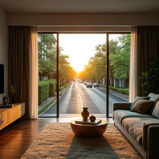 A modern living room with large windows showcasing a sunset view over a tree-lined street. The space features a sofa and a coffee table, with a lot of greenery visible. The scene evokes a peaceful and warm atmosphere.