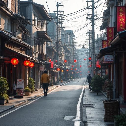 A street in Kyoto featuring traditional architecture and red lanterns under soft morning light. An individual walks along the empty road creating an evocative atmosphere.