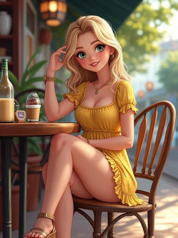 Young woman enjoys a drink in a cozy coffee shop. She wears a stylish yellow sundress and sits on a wooden chair. The scene captures the essence of summer relaxation. Sunlight softly glows around her, creating a warm ambiance. She is poised and confident while engaging with her surroundings. The atmosphere reflects a casual and trendy vibe.
