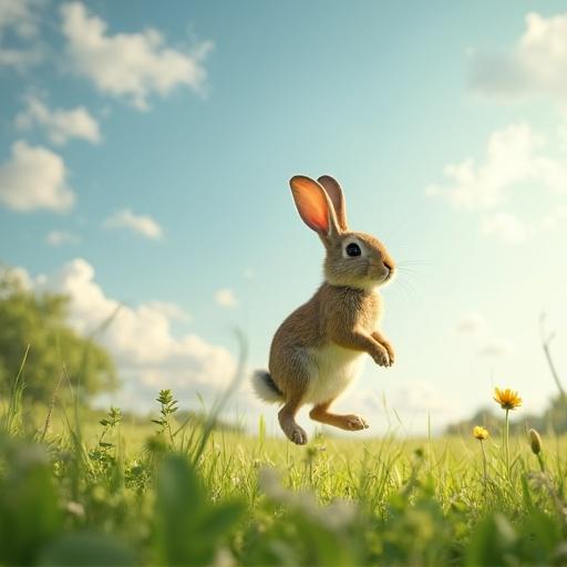 A rabbit leaps joyfully across a green field. Bright blue sky with fluffy clouds. Colorful flowers dot the landscape. The scene is vibrant and lively, showcasing the beauty of nature. The rabbit displays innocence and playfulness.