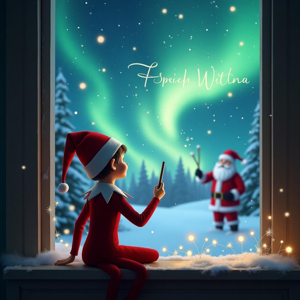 Elf figure inside a cozy home looking out the window using a wand to write in the sky. Magical Christmas setting outside featuring northern lights and Santa in the distance. Cozy and festive atmosphere with a winter theme.