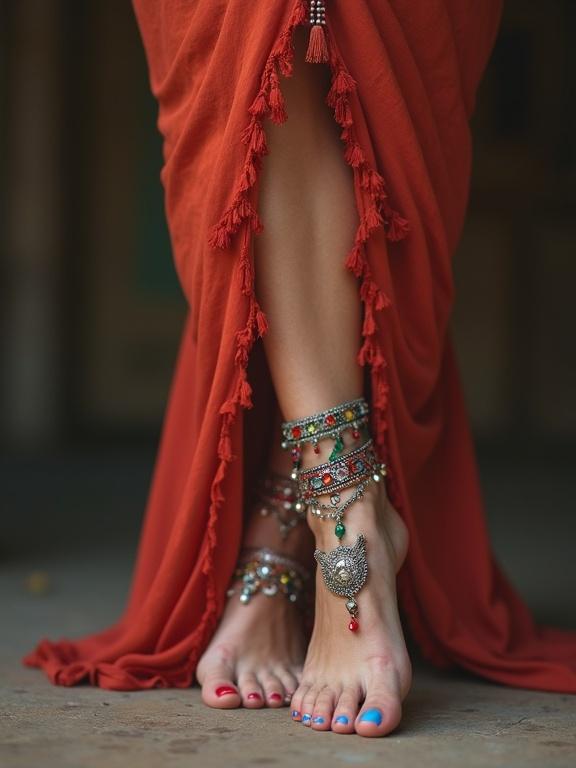 Belly dancer poses with decorated bare feet. Colorful manicured toenails and intricate anklets enhance the appearance. Flowing red fabric with tassels drapes elegantly. Mature woman embodies dance culture.
