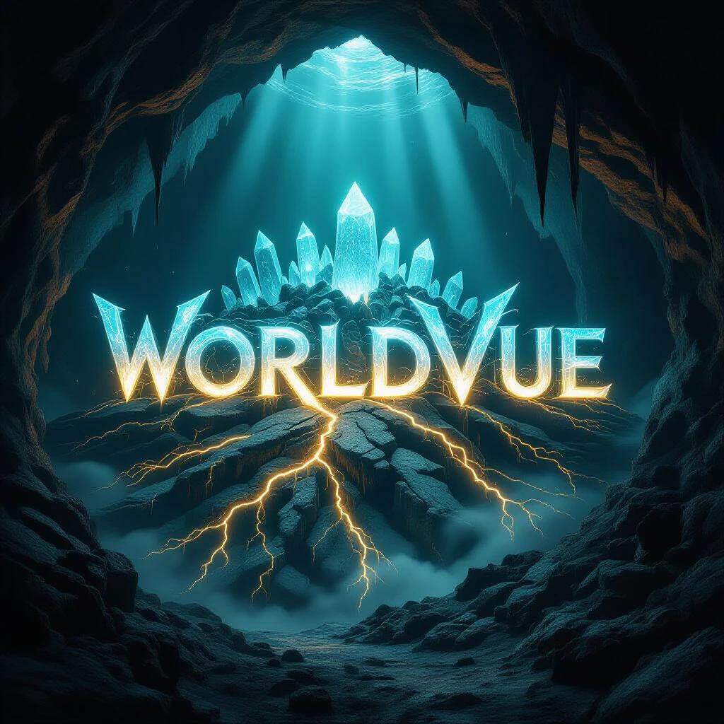 The concept art visualizes the word 'WorldVue' as part of a mysterious subterranean scene. Glowing roots and crystals illuminate an underground cavern. Light pulses with energy connecting hidden caverns and formations. A dark fantasy and sci-fi aesthetic blends captivatingly. The atmosphere is deep and intriguing.