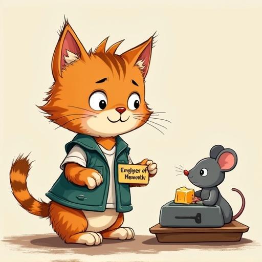 Cute kitty in a retail vest. Large name tag says Employee of the Meownth. Kitty looks confused behind a cash register. Mouse customer attempts to pay with cheese. Hand-drawn style artwork.