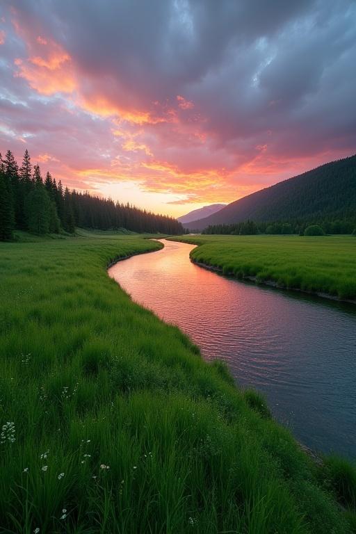 Serene landscape at sunset. Winding river flows through vibrant green meadow. Tranquil and peaceful atmosphere under a colorful sky. Clear water reflects sunset hues. Dark silhouettes of coniferous forest in the background. Layered clouds in warm colors. Soft and diffused natural light creates a calming glow. Composition captures the vastness of the landscape. Low-angle perspective offers a broad view. Rich greens, tranquil blues, and warm sunset colors create a vibrant palette. Textures visible in grass, water, and clouds. Mood is quiet and natural.