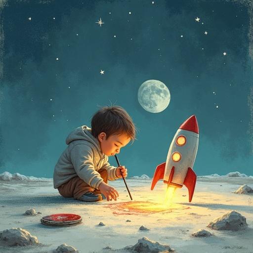 Child draws a rocket ship on the moon using a stick. Digital illustration showcases storybook fantasy style. Inspired by Shaun Tan. Features high resolution, soft crayon-like colors, star sparkles, pale grays with warm glow, gentle moonlight ambiance.