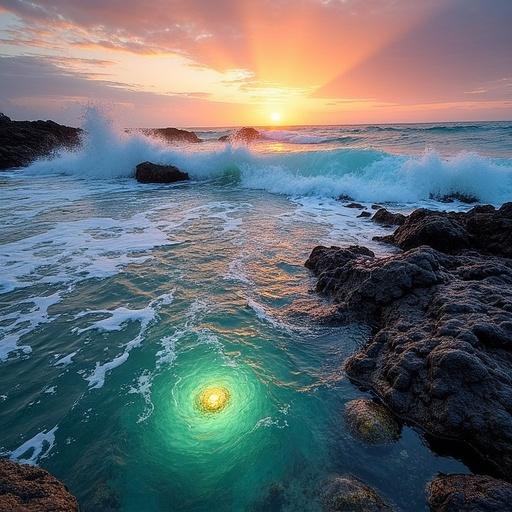 Waves crash over volcanic reefs with crystal shards. Tide pools illuminate from sunset colors.