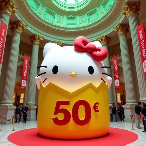Worm's-eye view of a giant Hello Kitty plush emerging from a bright yellow coin purse. The setting is a grand rotunda with ornate ceiling and columns. People queue in the background. This captures a vibrant atmosphere.