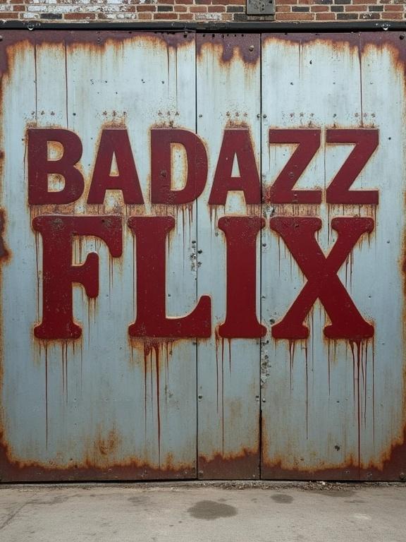 Straight view of a big sheet metal wall with the words BADAZZ FLIX stamped into it