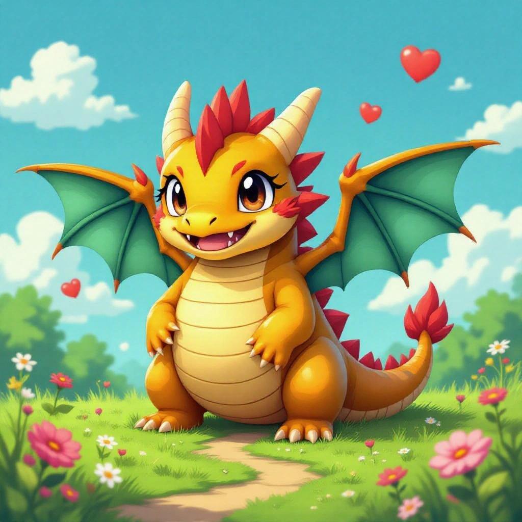Create an illustration of a cheerful yellow dragon-like creature with a big smile. It stands on a grassy pathway surrounded by colorful flowers under a clear blue sky. The dragon has green scales and red spines, with playful wings and a friendly demeanor.