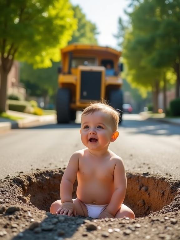 A humorous scene shows a baby in a pothole on a sunny street. The baby is playful and curious, wearing only white underwear. A construction vehicle approaches from the back, captured softly in the background. Lush trees frame the scene, adding to the peaceful neighborhood feel.