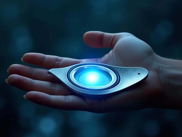 Hand holds a silver reflective sci-fi device. Device is flat and wide with an organic, curvy oval shape. A glowing blue LED sphere is in the middle. Background is dark blue with an atmospheric feel. Realistic details and textures in 4k quality with shadows and HDR.