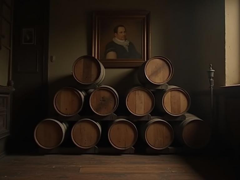 Dimly lit room features a stack of wooden barrels arranged neatly on the floor. A framed painting hangs on the wall, contributing to the atmosphere. Soft diffused lighting casts gentle shadows in the space.