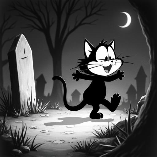 A singing kitten in a graveyard at night. A retro, zany cartoon scene in black and white with thick outlines. Features flat, rubbery characters with wide eyes and exaggerated movements against stylized backgrounds with geometric shapes.