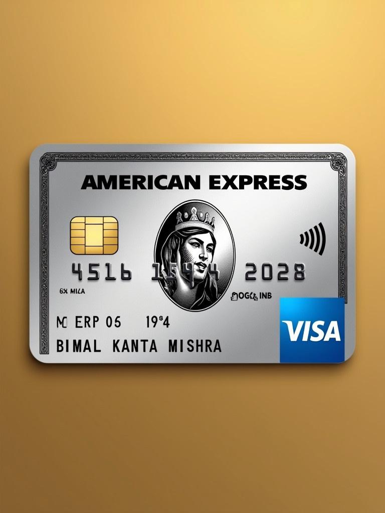 Realistic image shows a platinum American Express credit card with Visa logo. Cardholder name Bimal Kanta Mishra and expiry date March 2028 are visible. Background is gold with modern bold font style.