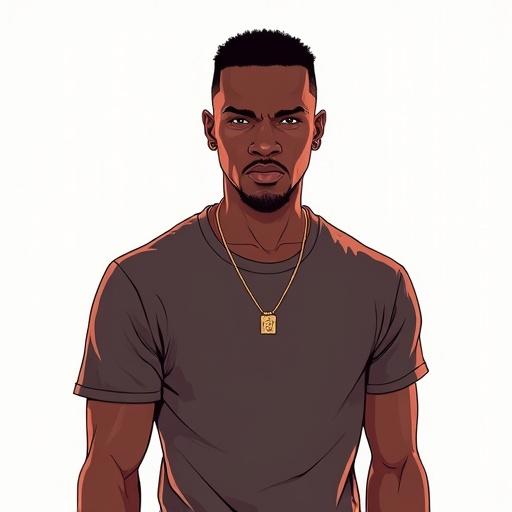Full body illustration of a black male character looking directly at the camera in GTA style. Character wears a solid color t-shirt and has no accessories. Bright lighting with no background.