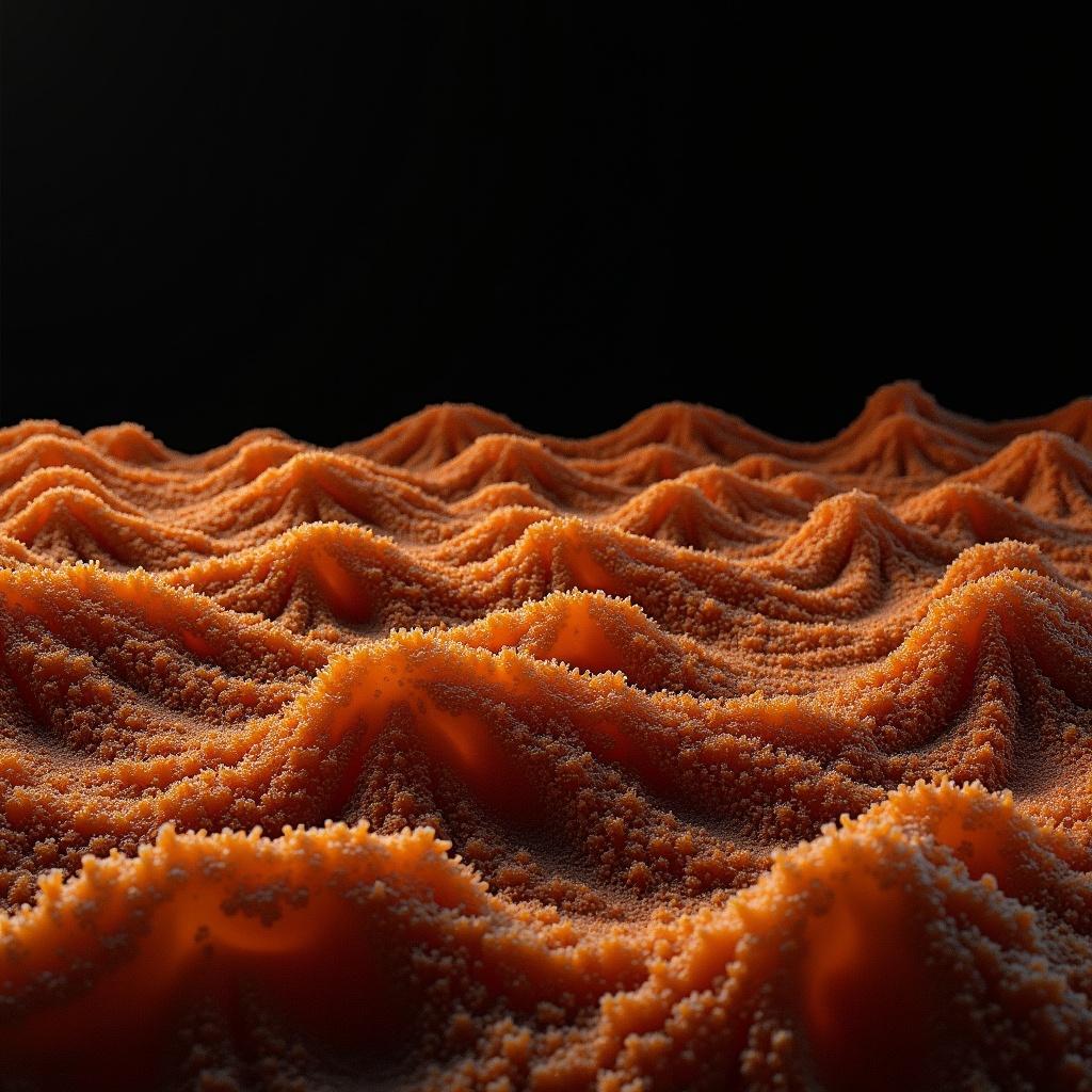 This image features an abstract depiction of swirling waves in shades of orange and brown set against a dark backdrop. The texture resembles granular sand or foam, giving it a unique grain effect. The waves rise and fall, creating a dynamic sense of movement. The interplay of light and shadow emphasizes the depth and contours of the waves. Overall, this artwork evokes a striking visual experience that blends natural elements with abstract artistry.