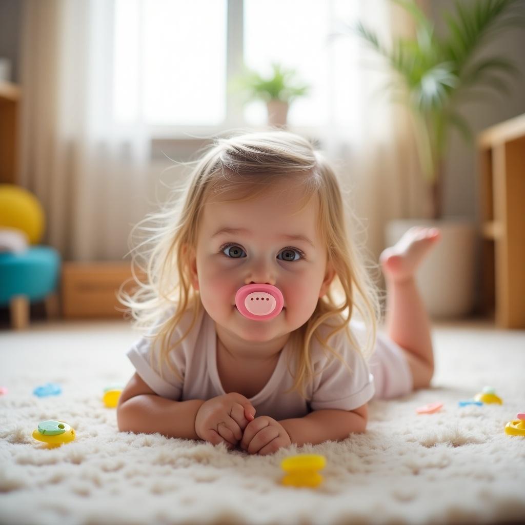 A cute toddler girl is lying on her stomach on a plush surface. She has her legs raised playfully, wearing only a diaper. A pink pacifier is in her mouth, highlighting her innocent expression. Soft, natural light fills the room, illuminating her fine light-blonde hair and brown eyes. The background showcases simple, colorful furniture, adding to the cozy atmosphere. Pacifiers and toys scattered around hint at a playful environment. Her expression reflects curiosity and joy in a relaxed setting.