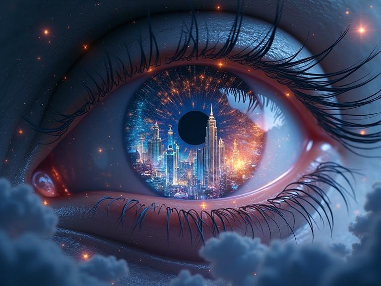 A massive divine eye in space features a glowing futuristic city inside the iris. Neon skyscrapers, flying cars, and holograms populate the scene. Surreal cosmic surroundings, with stars reflecting on the eyeball, create an epic concept. Highly detailed science fiction art showcases intricate lighting and reflections.