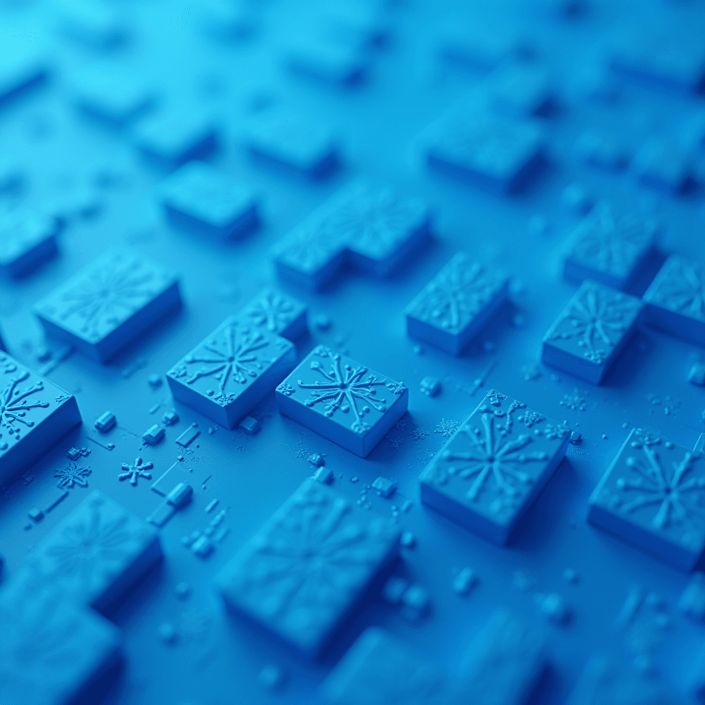 A close-up view of embossed blue tiles with snowflake patterns in a geometric arrangement.