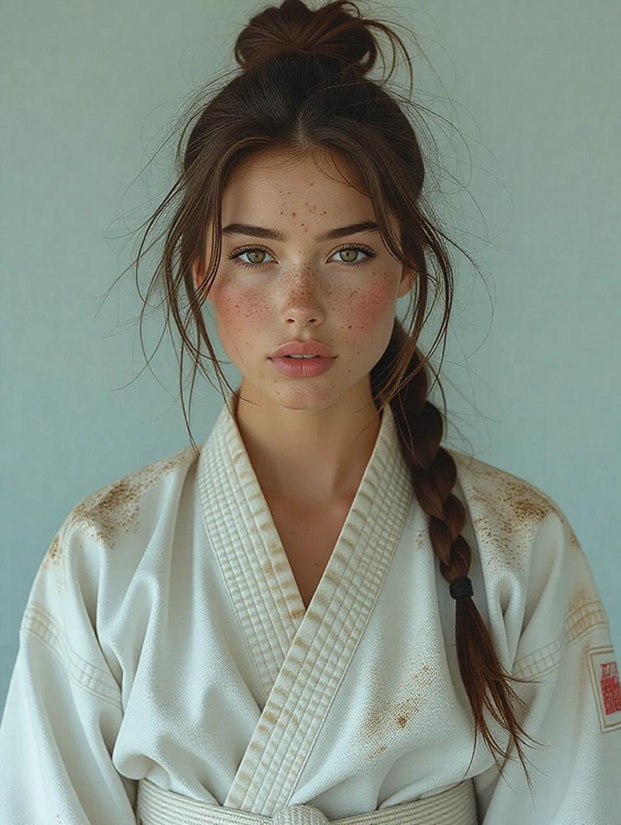 Athletic woman in worn out karate gi. Her face shows dirt and bruises. Hair is untidy. A strong and determined expression is evident.