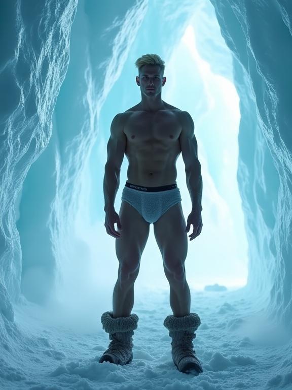 Athletic male model stands in an ice cave. Wears thick woolen boots and underwear. Muscular body is exposed. Hair is sleek and modern. Ice cave glows with bluish light. Mist swirls around floor. Dramatic reflections and shadows. Mood is powerful and elegant.