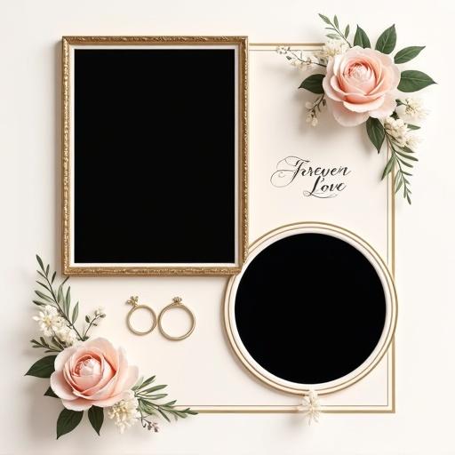 A square wedding photo collage in minimalist style with three decorative blank photo frames for image insertion. A black large vertical rectangle frame is centered slightly to the left. A black circular frame is at the top right. A black small horizontal rectangle is at the lower right. Each frame has elegant borders with gold lining, ivory edges, or subtle embossing. The collage includes bouquet illustrations with roses and white peonies, and minimalistic ring drawings symbolizing love placed near the frame corners. The background is soft white or pale pink with clean space. Handwritten text "Forever" and "Love" are integrated. Overall design is refined and romantic with a minimalist wedding theme.