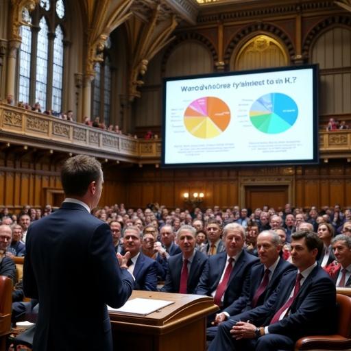 In the grand hall of the UK Parliament a political leader delivers a speech. MPs are gathered in attendance with a leadership team. Visual aids display immigration data and economic impacts. The speech aims to garner political support amidst controversy.