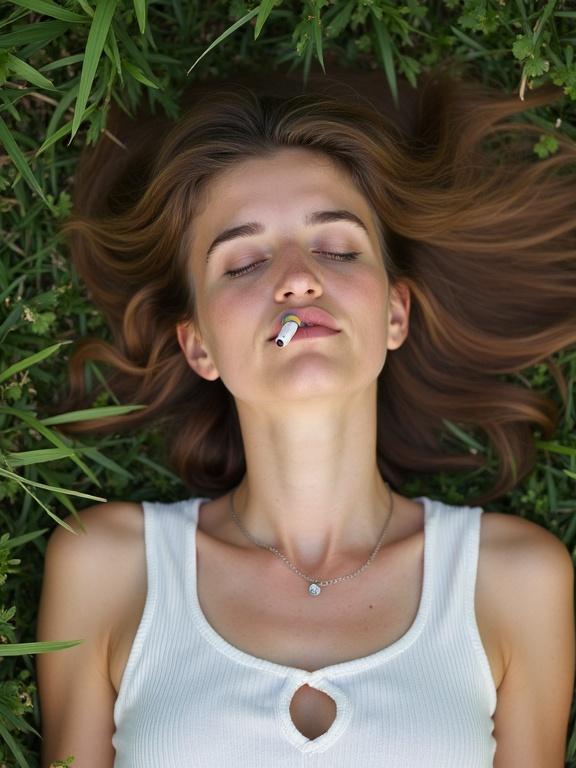 A young woman lies on her back in a grassy field. She has light brown wavy hair spread out around her. Eyes are closed while holding a lit cigarette. Wearing a white sleeveless tank top with a round cutout. A delicate silver necklace with a small pendant is around her neck. Surrounding grass is lush and green with various blades and small plants. Natural daylight creates soft shadows on the scene. Overall mood is calm and relaxed. Her skin is fair with a light blush on her cheeks. The background is blurred, maintaining focus on her upper body.