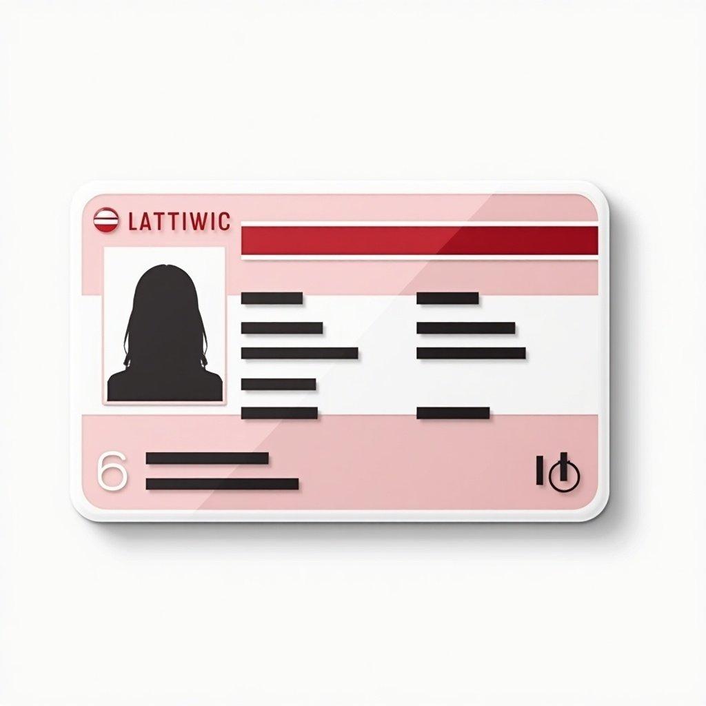 Image shows a realistic Latvian ID card. Dominant colors are red and white. Features fields for personal information and a photo area. Card layout emphasizes clarity and functionality. Mimics official ID cards used in Latvia. Illustration suitable for identity verification and governmental discussions.