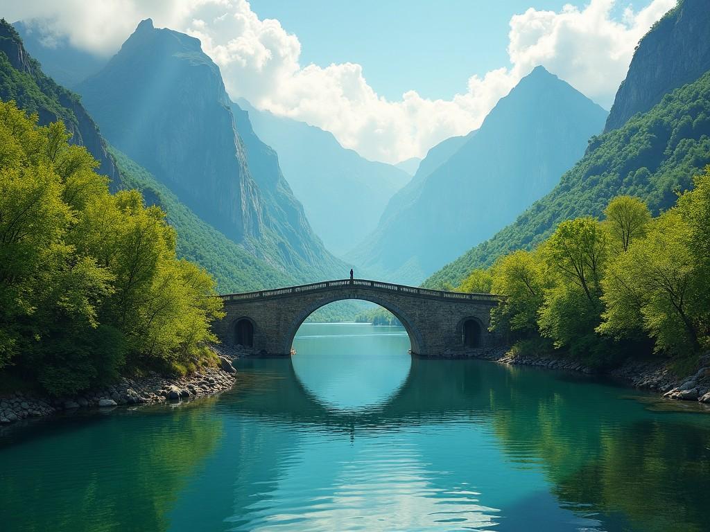 The image portrays a stunning natural landscape featuring a serene lake surrounded by lush green mountains. In the foreground, an elegant stone arch bridge spans the water. The lake's surface reflects both the bridge and the surrounding mountainous scenery, creating a tranquil atmosphere. The sky above is partially cloudy, with sunlight streaming down and illuminating the scene beautifully. This picturesque setting invites viewers to explore its natural beauty and tranquility further.