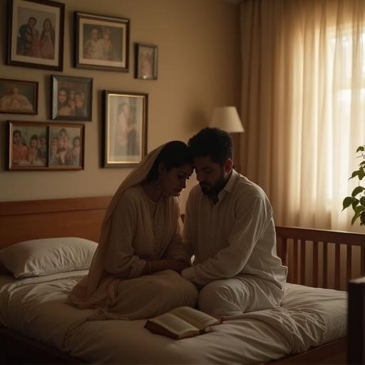 A couple sits on a bed in a softly lit bedroom. They are dressed in traditional Pakistani attire. Their expressions show sadness and emotional distance. The background includes family photos, an empty crib, and a Quran, highlighting the theme of childlessness.