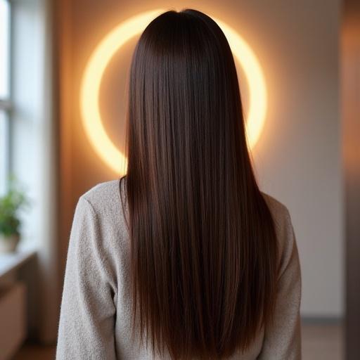 A woman seen from the back showcasing stunning straight hair with a beautiful shine. A glowing halo effect in the background enhances the hair's appearance.
