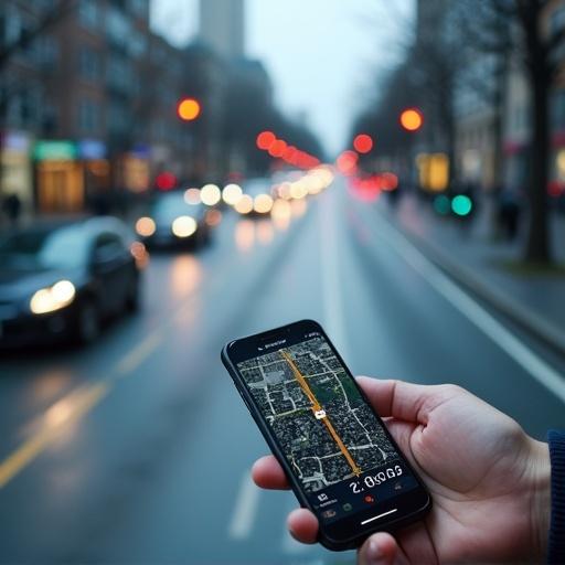 City setting with a person using a smartphone for navigation. Car traffic visible on a city road with blurred lights. Smartphone screen shows a map with a route.