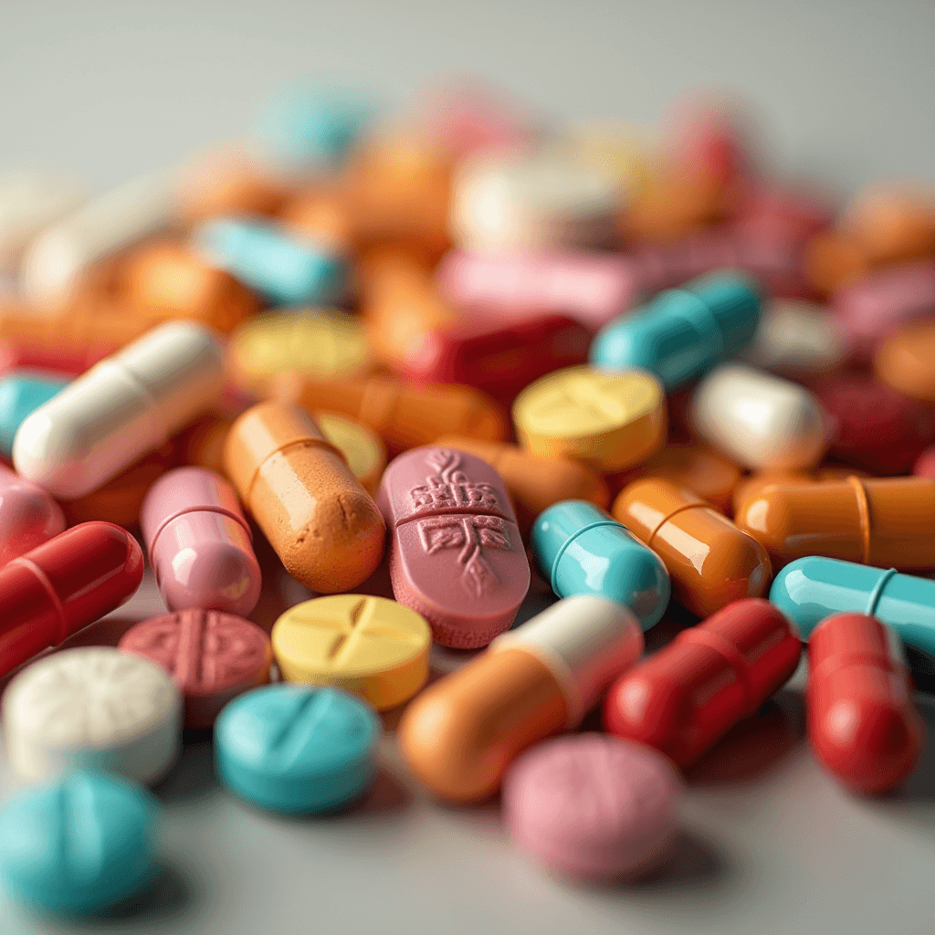 A close-up of a scattered assortment of colorful pills and capsules on a smooth surface.