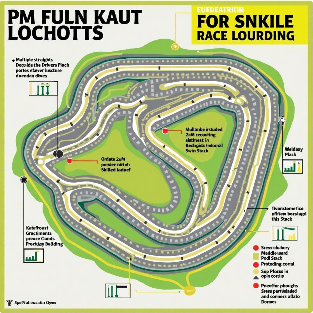 Intricate race track layout featuring multiple straights and corners. Designed for anti-clockwise racing with a 2km main straight. Colorful segments indicate different parts of the track. Suitable for various racing events, showcasing complexity and dynamics.