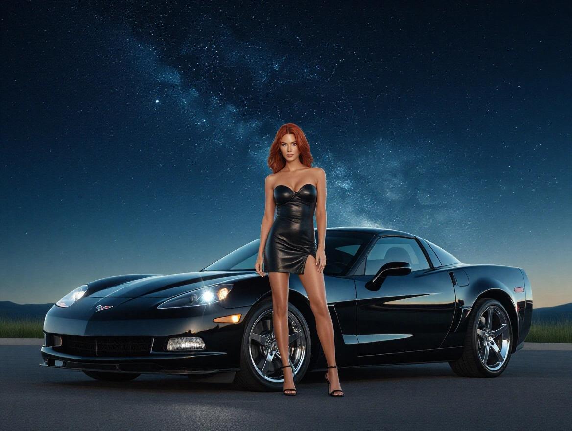 Black 2002 Z06 Corvette with a female model wearing a short leather dress. Nighttime setting filled with stars.