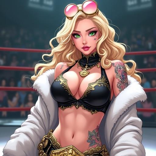 Anime woman with emerald green eyes and blonde hair, wearing a kimono and sunglasses, in a luxurious martial arts arena with tattoos, muscular physique, cybernetic leg, and a championship belt, night setting.