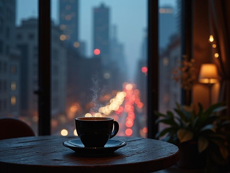 Masterpiece coffee shop scene at night. View of a metropolitan city. Soft ambient lighting creates a cozy atmosphere. A steaming cup of coffee on a wooden table. City lights twinkle in the distance. Empty streets below. High resolution and sharp focus.