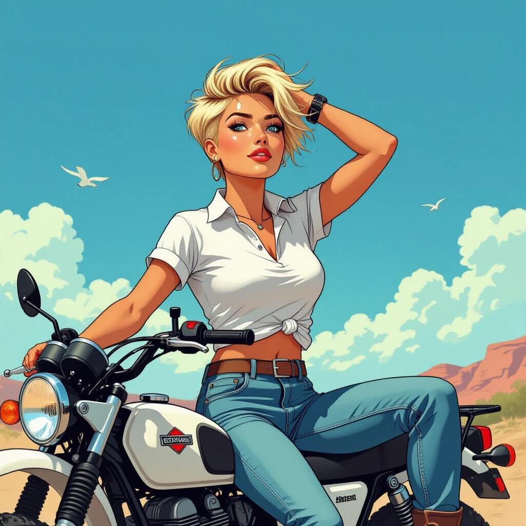 Image features a confident young woman on a motorcycle. She poses casually with one hand in hair and another supporting her, showcasing her style. The scene captures a bright outdoor setting with a blue sky and soft clouds.