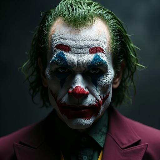 Elon Musk portrayed as the Joker. Hyperealistic style depicting a dark and intense atmosphere.