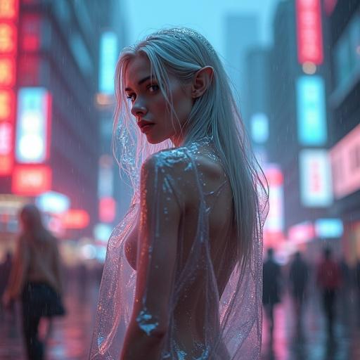Beautiful fantasy elf with silver blonde hair stands in futuristic cyberpunk cityscape. City illuminated by neon lights. Elf partially covered by clear plastic raincoat. Rainy atmosphere, cinematic lighting, highly detailed. Low perspective angle.