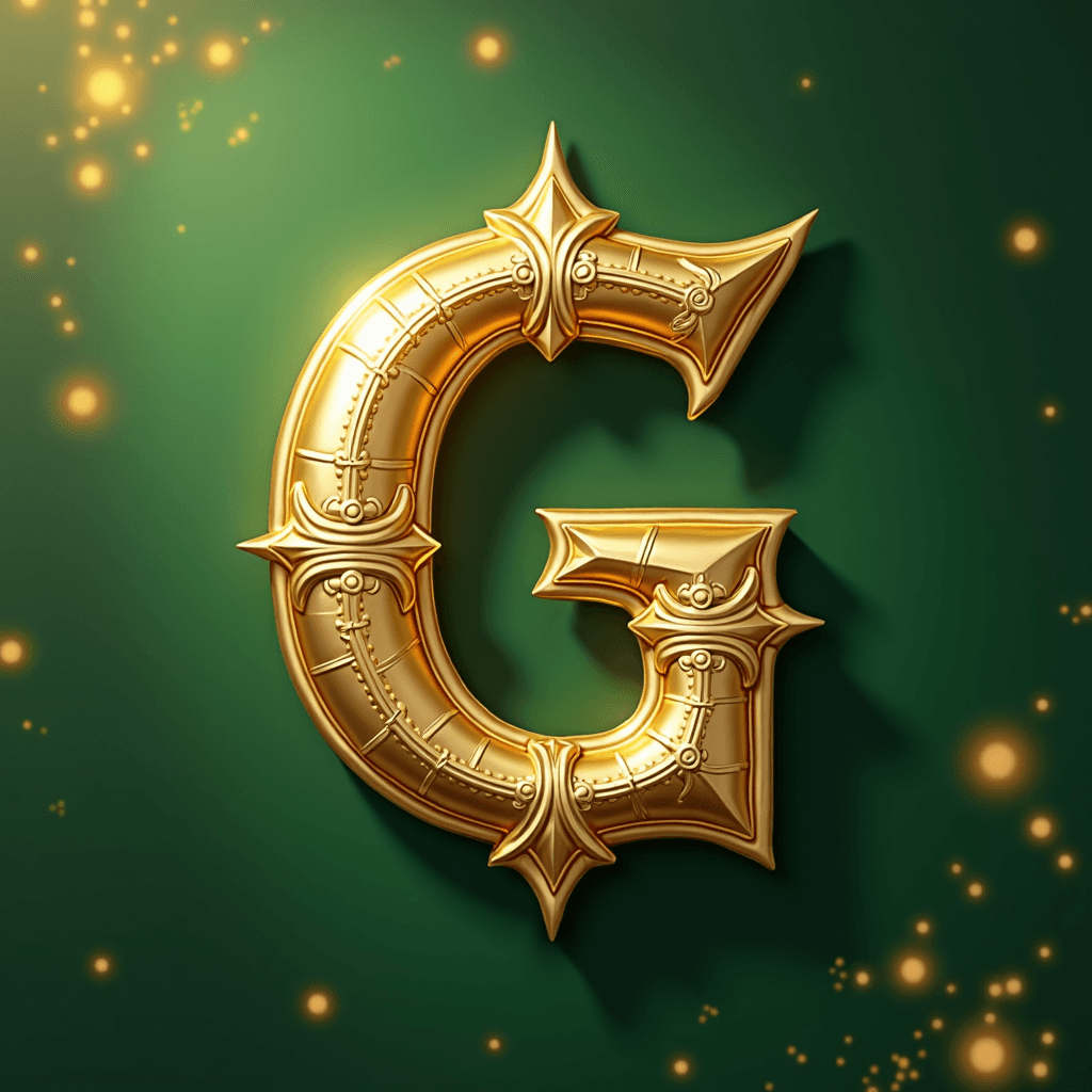 A richly embellished golden letter 'G' with intricate designs, set against a dark green background with glowing particle effects.