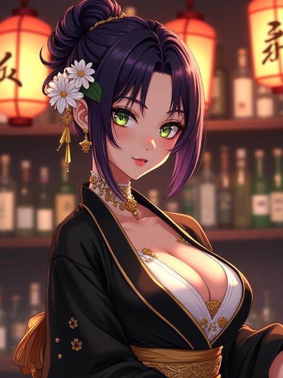 Semi-anime style illustration of a beautiful woman with dark violet hair styled upwards. Adorned with flowers and gold ornaments. Captivating light green eyes and a serene expression. Wears a black and gold kimono-style top. Posed in a dimly lit Japanese bar with paper lanterns in the background.