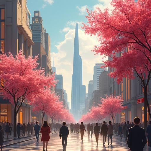 Futuristic setting in 2037 with cherry blossoms. City filled with modern architecture and rich people walking. Bright morning in luxury shopping area.