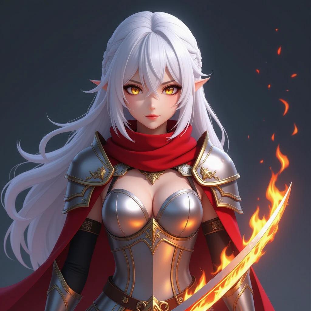 Full-body female anime character. White hair and golden eyes. Looking directly at the camera. Wears a silver breastplate. Holds a flaming sword. Long red cloth wrapped around neck. Character embodies fiery essence.