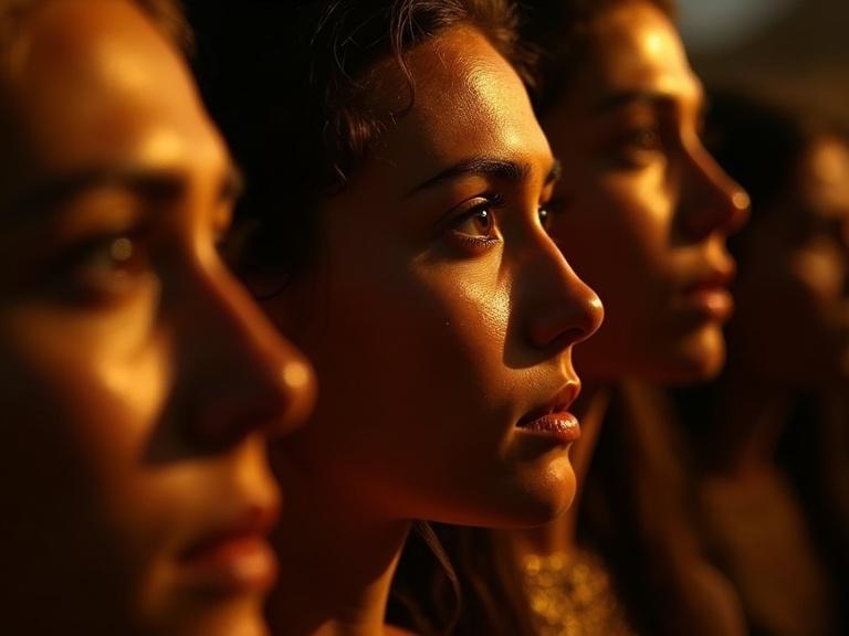 Cinematic close-up showcasing anxious faces from the crowd. Individuals await the ritual. Shallow depth of field creates intimacy. Warm flickering torchlight illuminates intricate features. Expressions reveal breathless tension and divine expectation. Faces reflect warmth of fire.