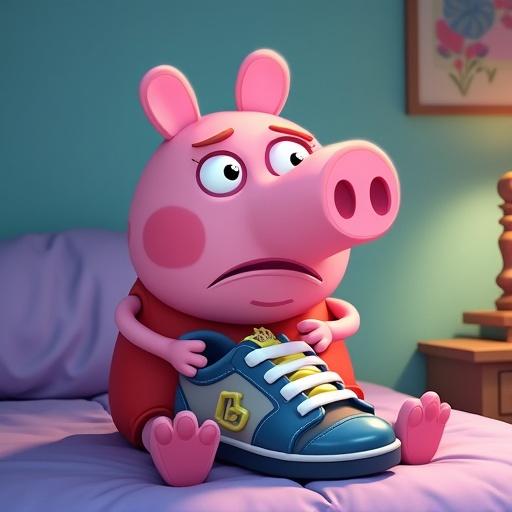 Pepa Pig sitting on bed with a sad face holding torn favorite sneakers. Voiceover states emotional response to damage.